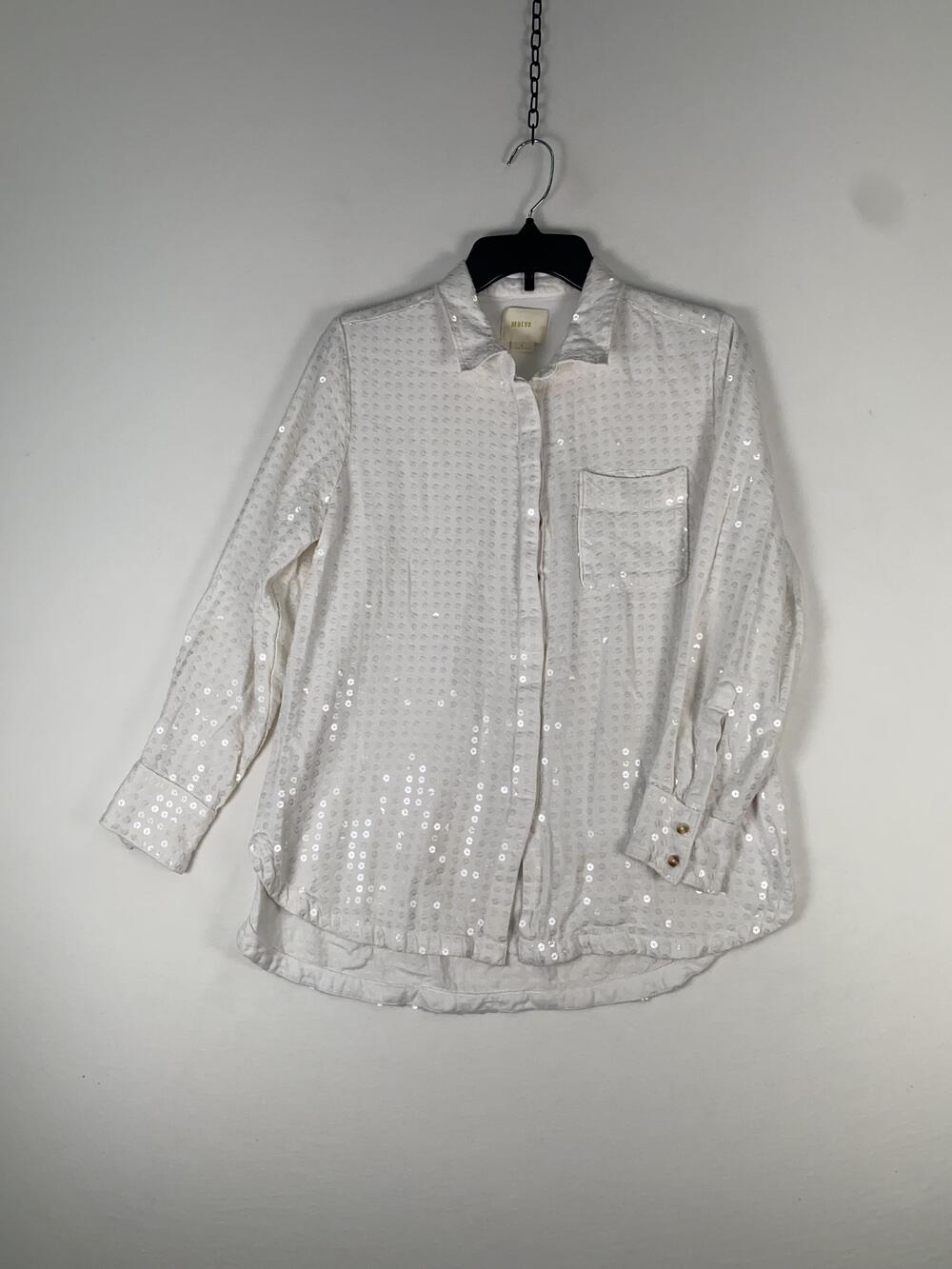 Maeve Blouse Womens Medium White Sequin Polka Dot Button Front Tunic Top